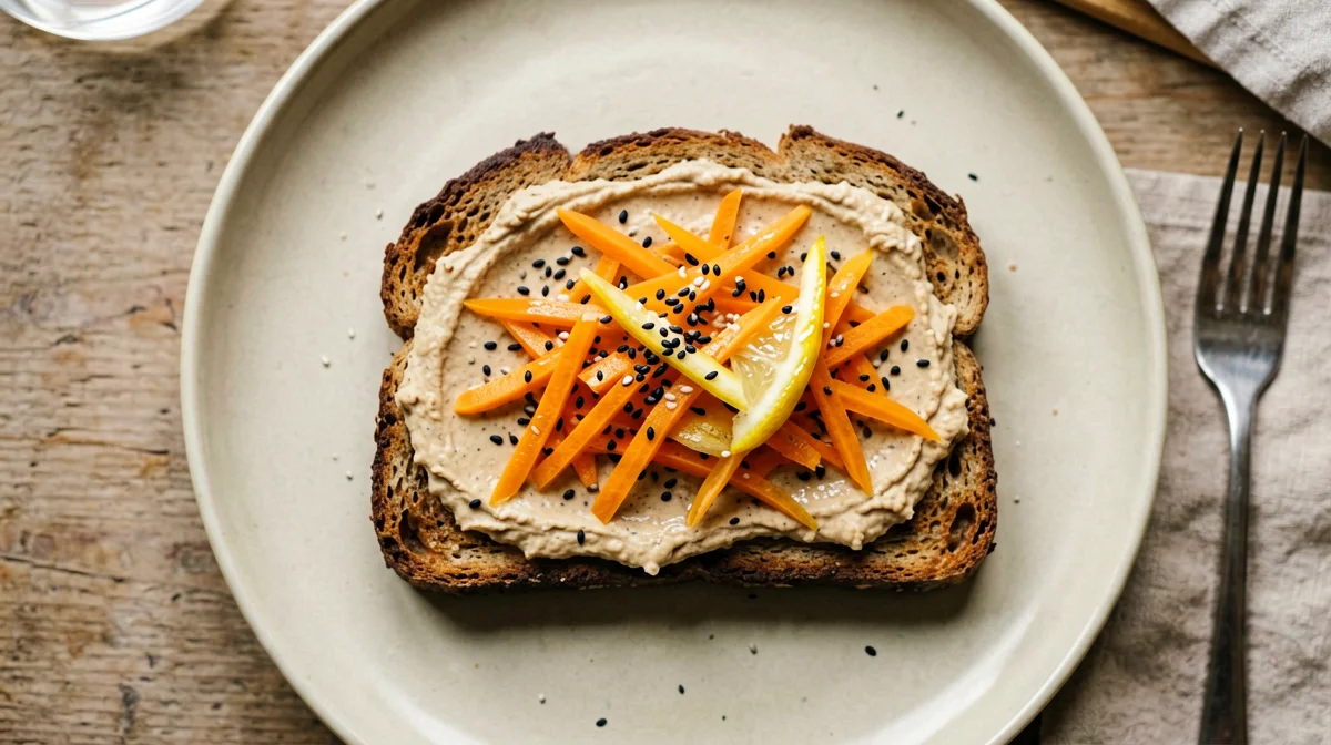 Tartine di segale con hummus, carote grattugiate e sesamo