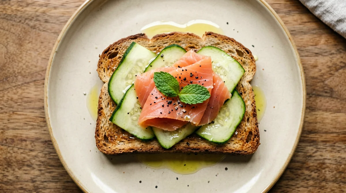 Pane integrale con salmone affumicato, zucchine marinate e menta