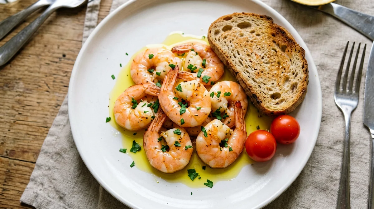 Lemon and parsley prawns with rye bread and cherry tomatoes