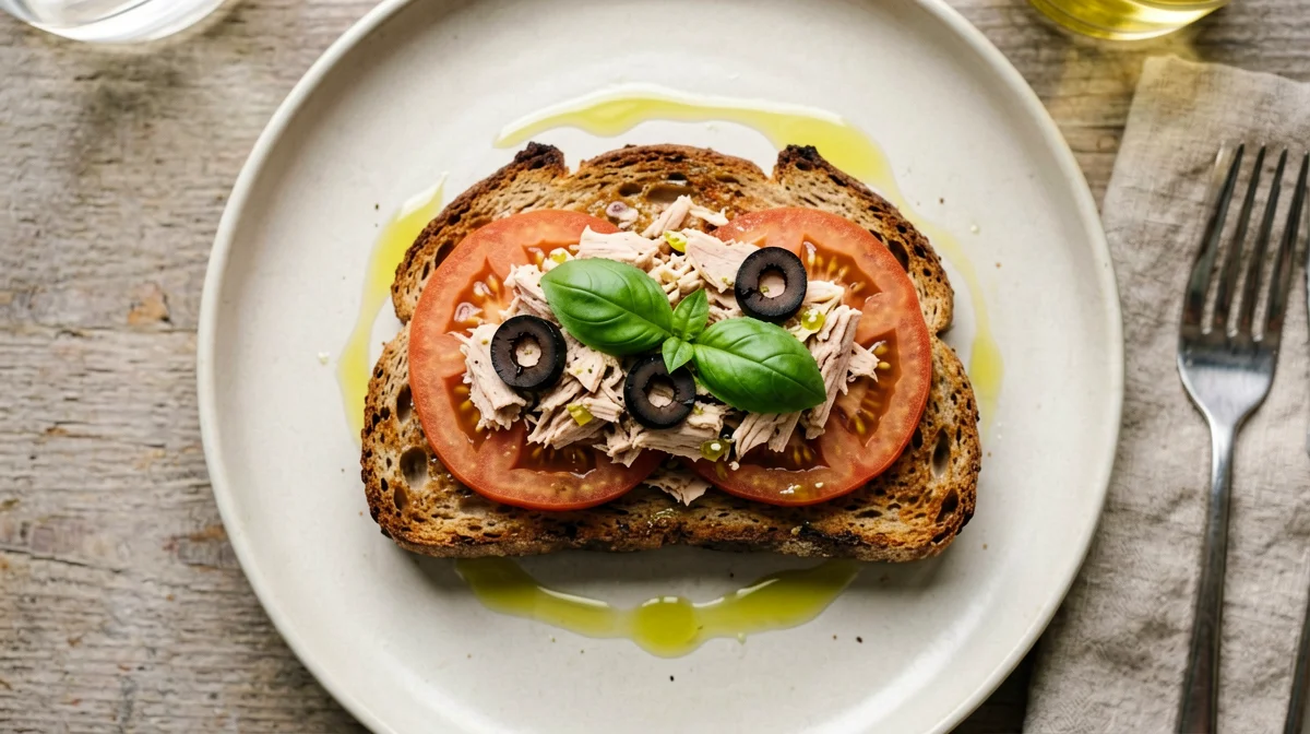 Rye toast with tuna, black olives and tomato