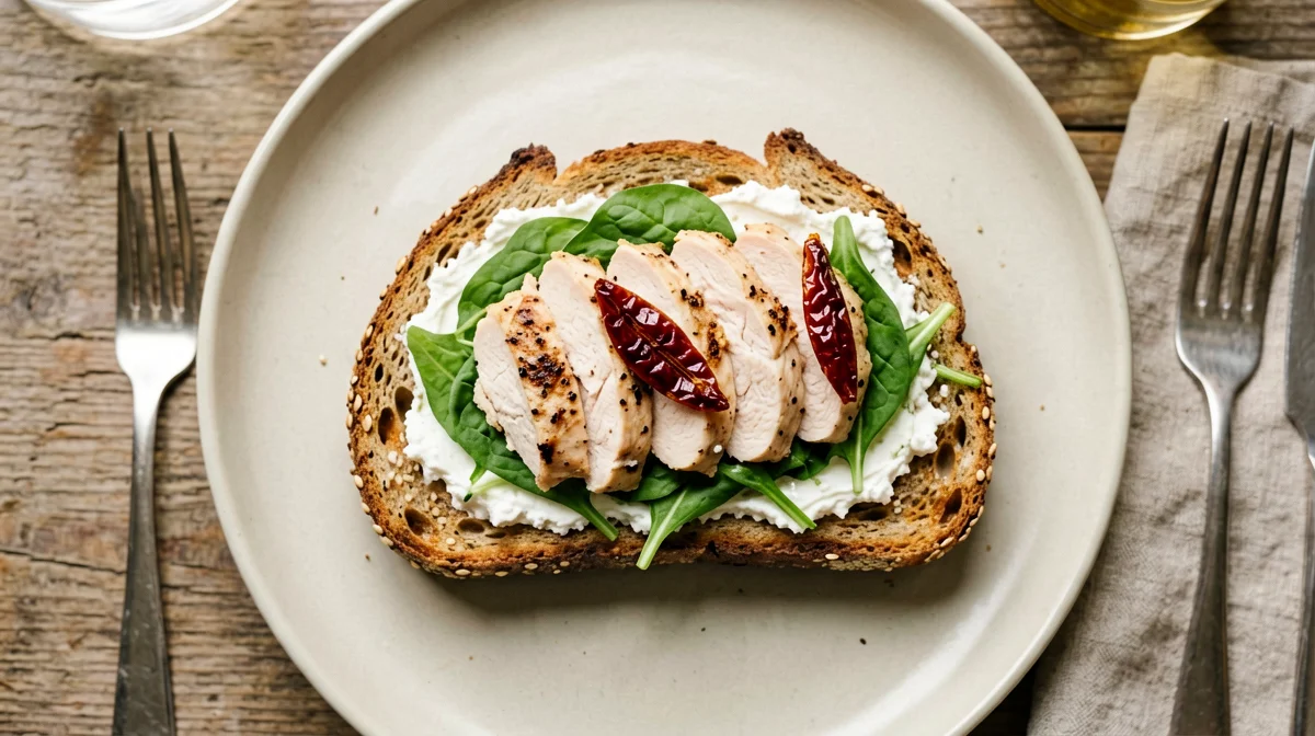 Pane ai cereali con pollo affettato, rucola e pomodori secchi