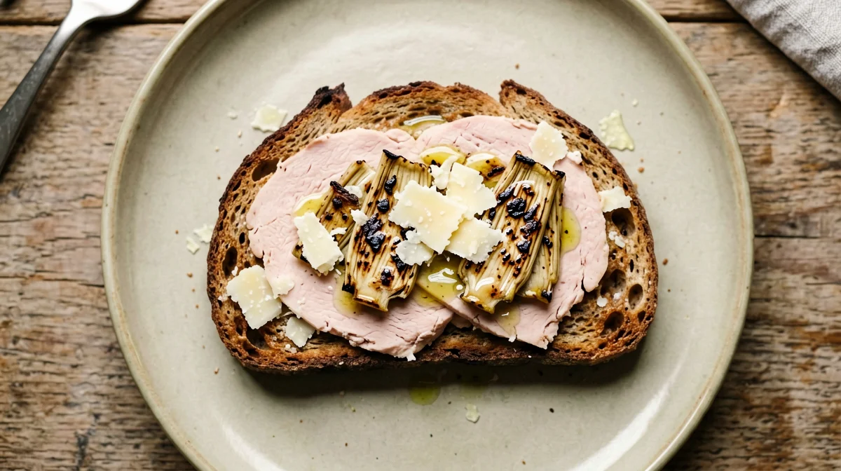 Rye bread with turkey, grilled artichokes and Grana