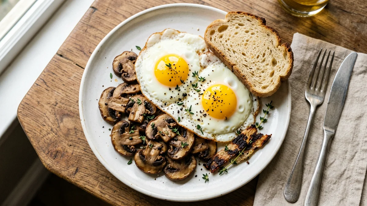 Uova al tegamino con speck e funghi champignon