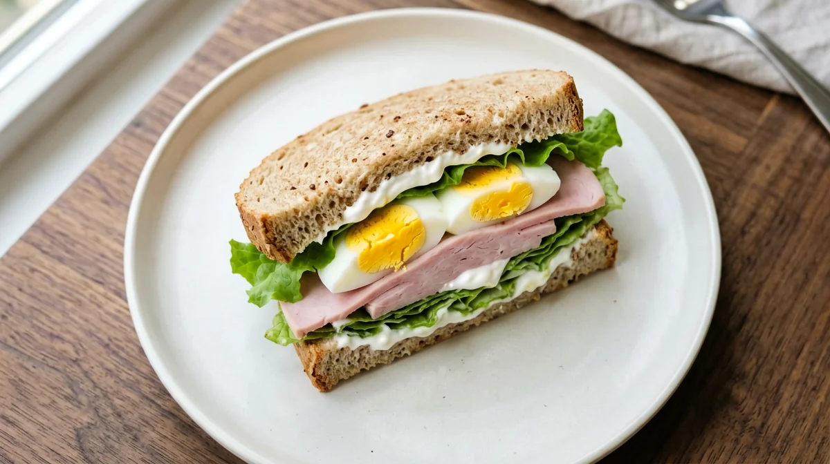 Wholemeal sandwich with ham, hard-boiled egg and lettuce