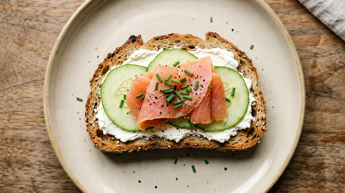 Multigrain bread with smoked salmon, robiola and cucumber
