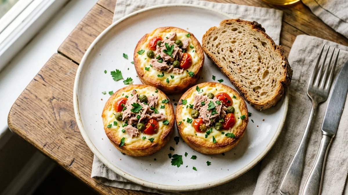 Baked egg muffins with tuna, capers and cherry tomatoes