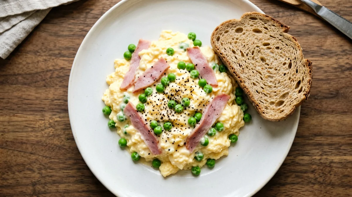 Uova strapazzate con prosciutto cotto e piselli