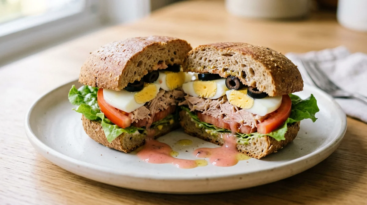 Light pan bagnat with tuna, egg and tomato