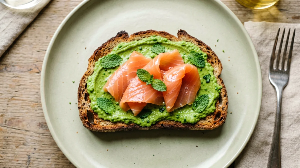 Pane di segale con salmone affumicato e crema di piselli