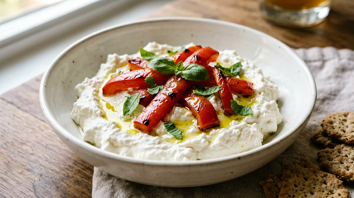 Fiocchi di latte con peperoni arrostiti, basilico e crackers integrali