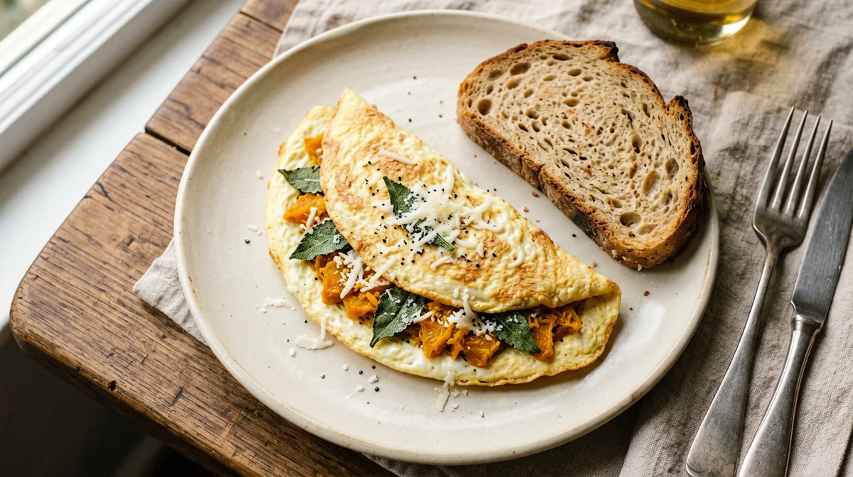 Egg white omelette with pumpkin and sage