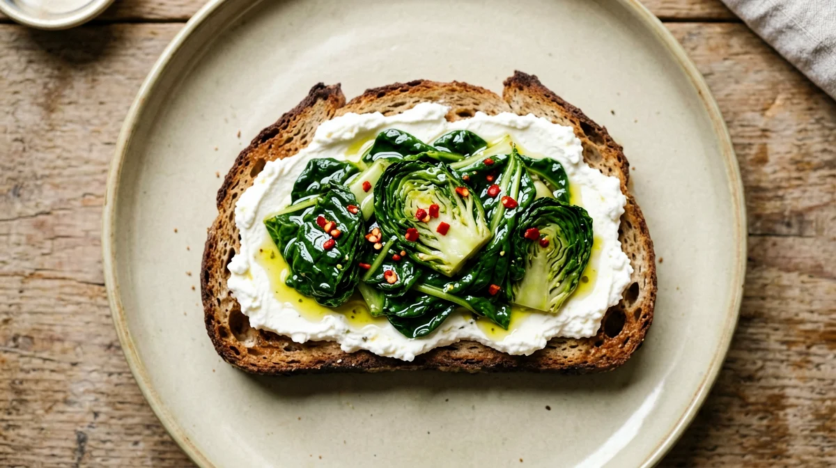 Rye toast with ricotta and turnip tops