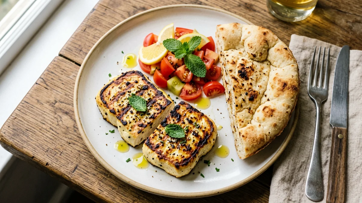 Halloumi alla piastra con pomodori, menta e pane pita integrale