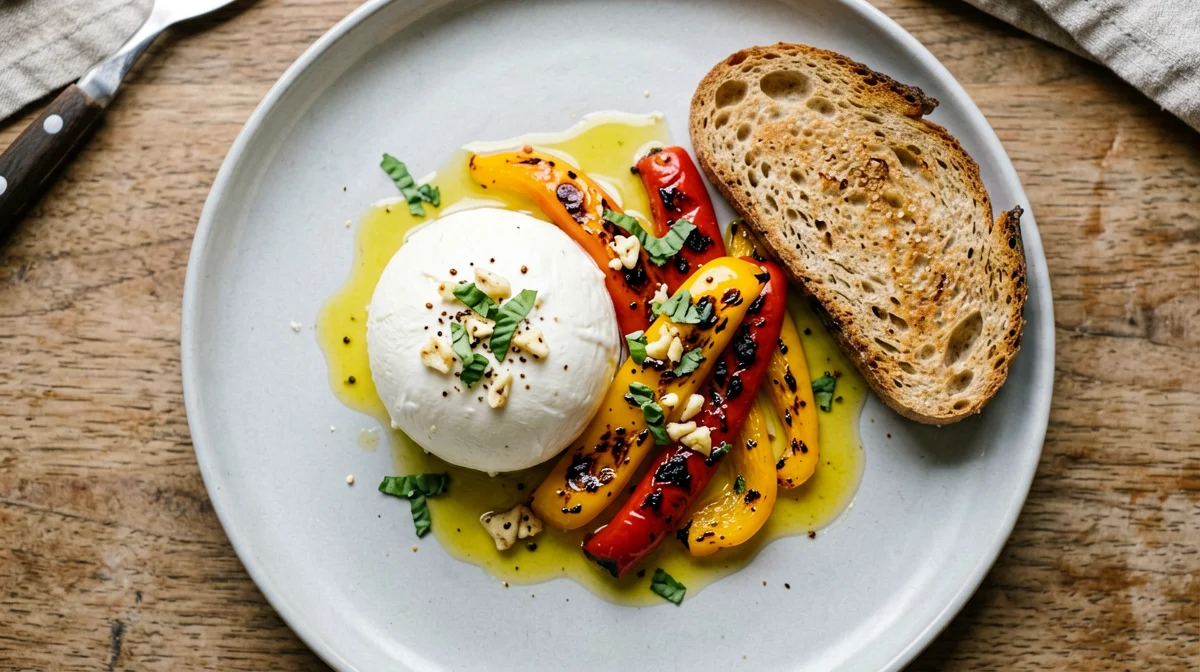 Mozzarella light con peperoni grigliati e pane integrale