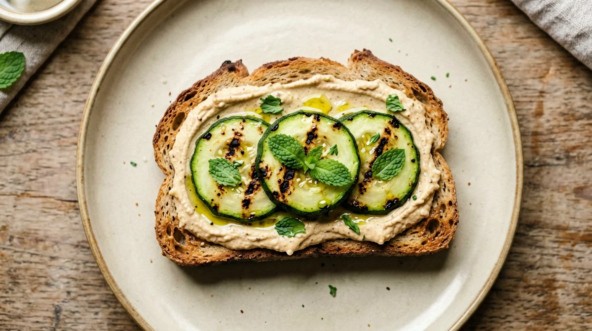 Tartine integrali con hummus e zucchine grigliate alla menta