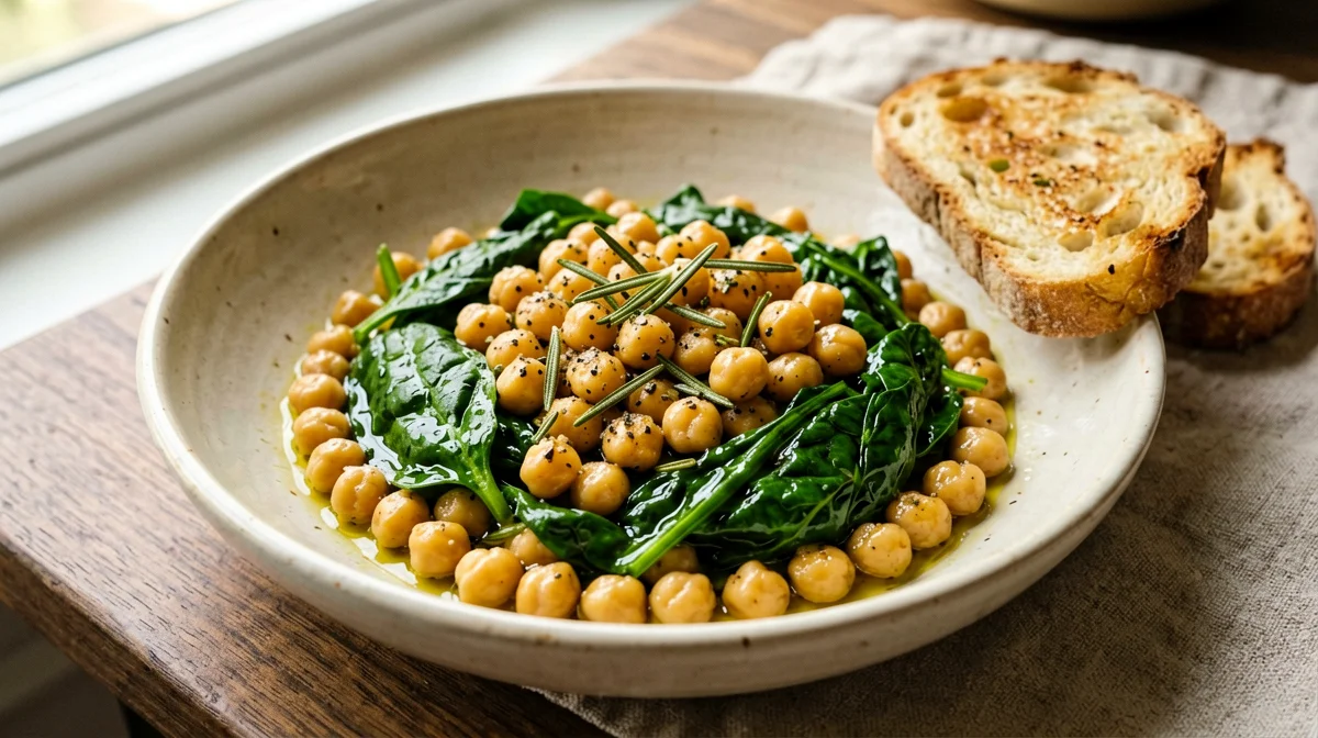 Ceci caldi al rosmarino con spinaci e pane tostato