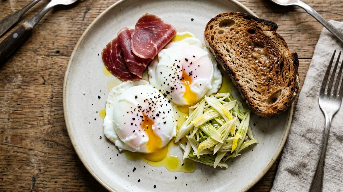 Poached eggs with bresaola and raw artichoke salad