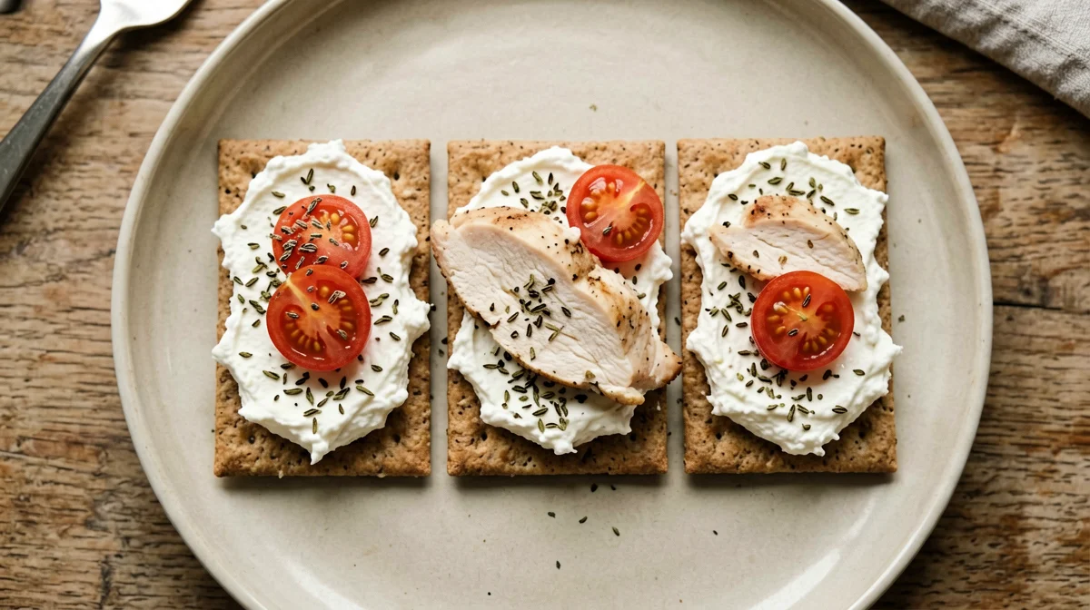Crackers integrali con pollo affettato, ricotta e pomodorini
