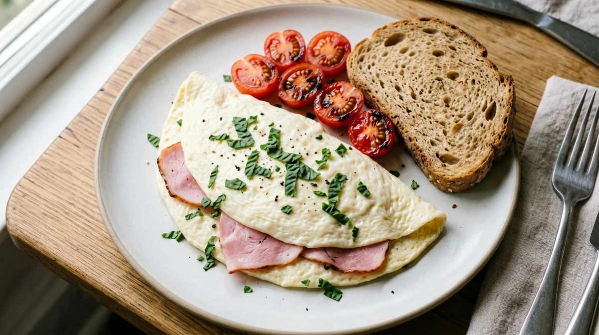 Egg white omelette with ham and cherry tomatoes