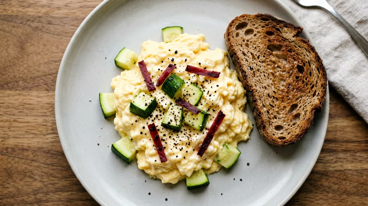 Scrambled eggs with speck and zucchini