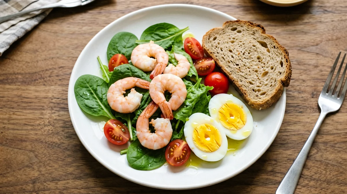 Insalatina di gamberi, uovo sodo e pomodorini con pane integrale