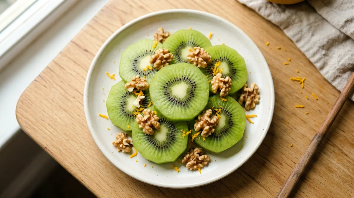 Sliced kiwi with walnuts and orange zest