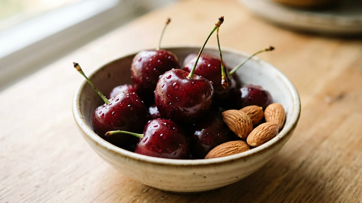 Cherries and almonds in a bowl