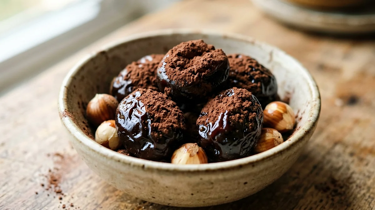 Prunes and hazelnuts dusted with cocoa