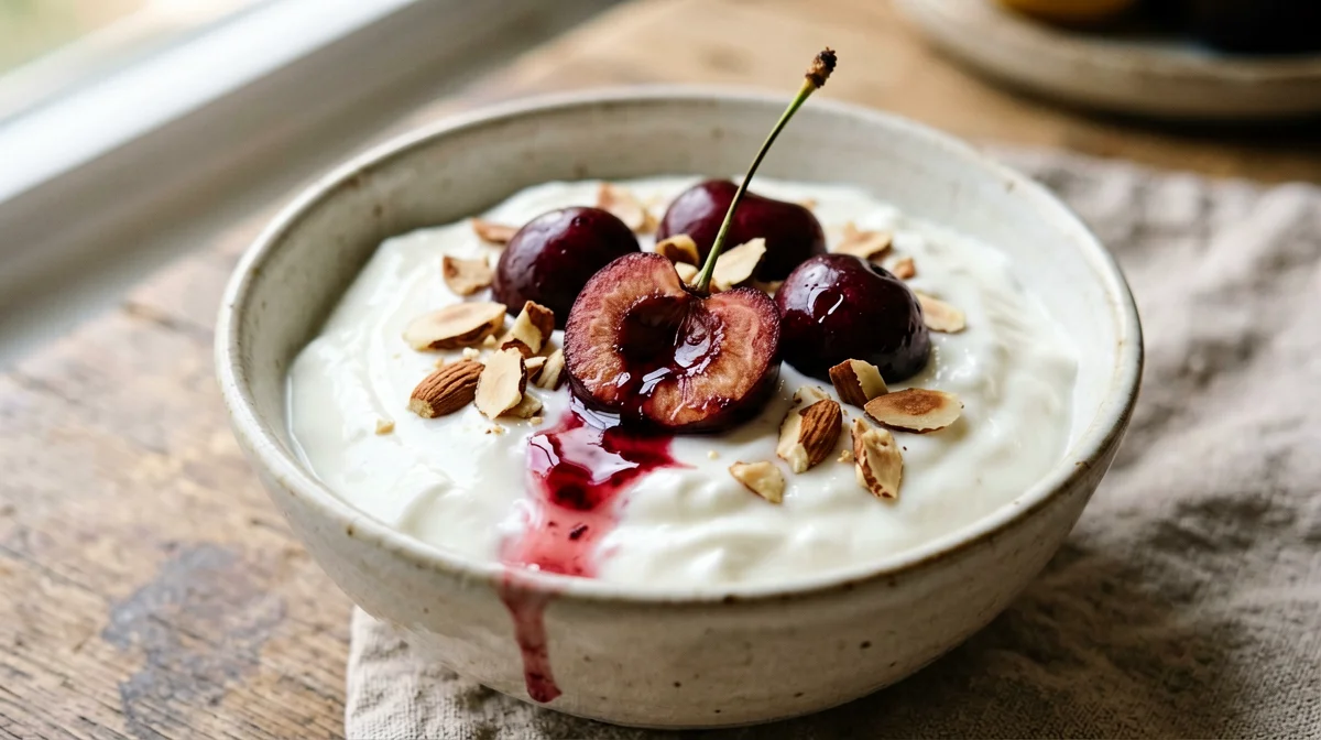 Greek yogurt with pitted cherries and almonds