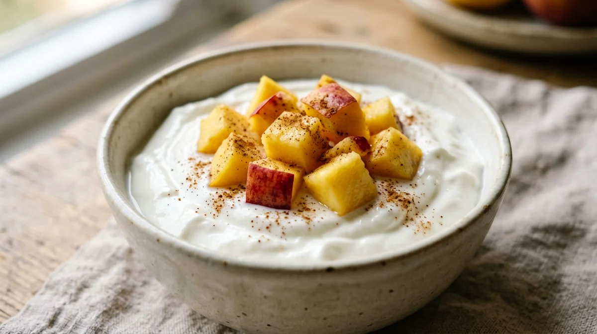 Yogurt greco con pesca a cubetti e cannella