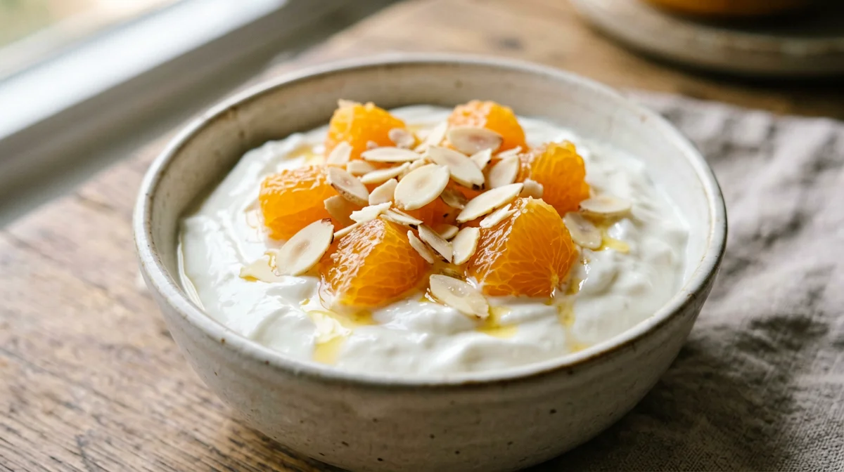 Greek yogurt with orange and flaked almonds