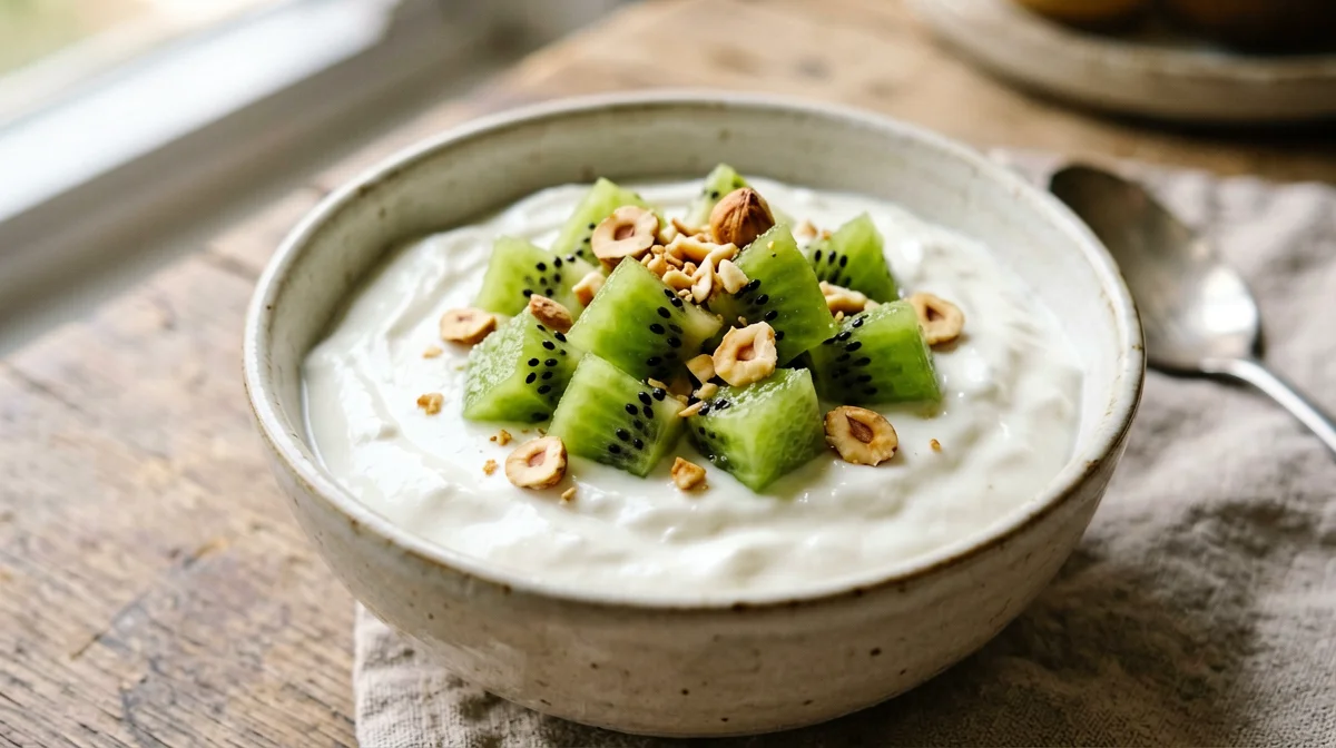 Greek yogurt with kiwi and chopped hazelnuts