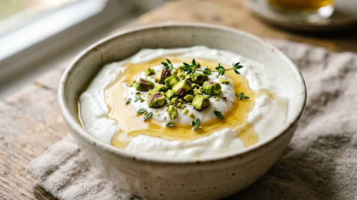 Greek yogurt with thyme honey and pistachios