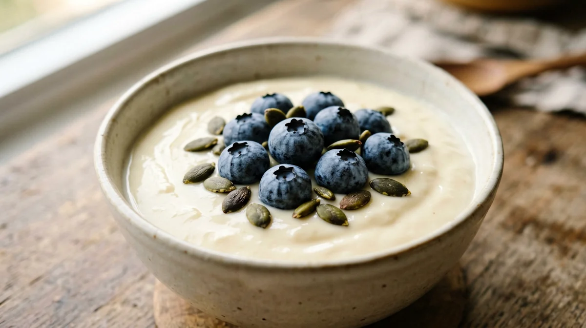 Soy yogurt with blueberries and pumpkin seeds