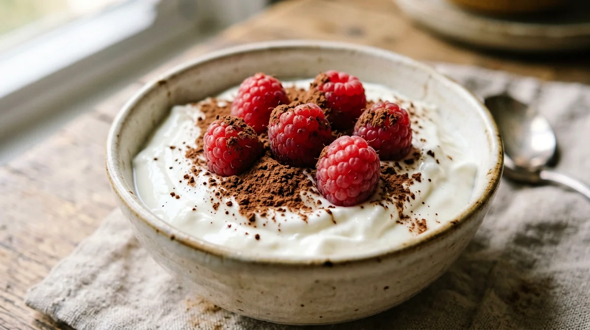 Yogurt greco con lamponi e cacao amaro
