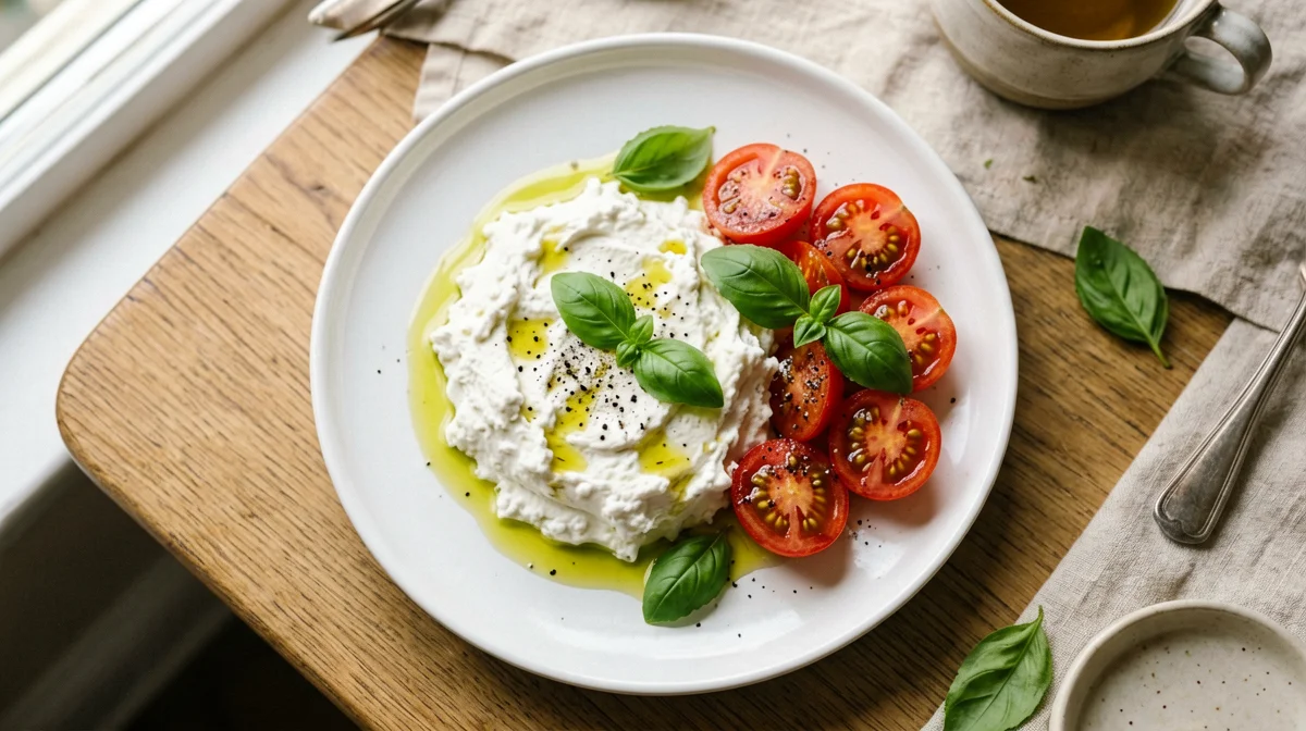 Ricotta con pomodorini, basilico e olio