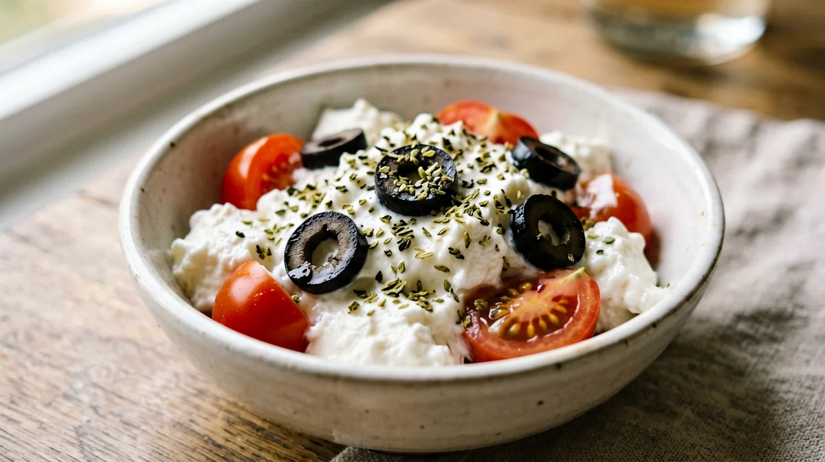 Fiocchi di latte con pomodorini, origano e olive