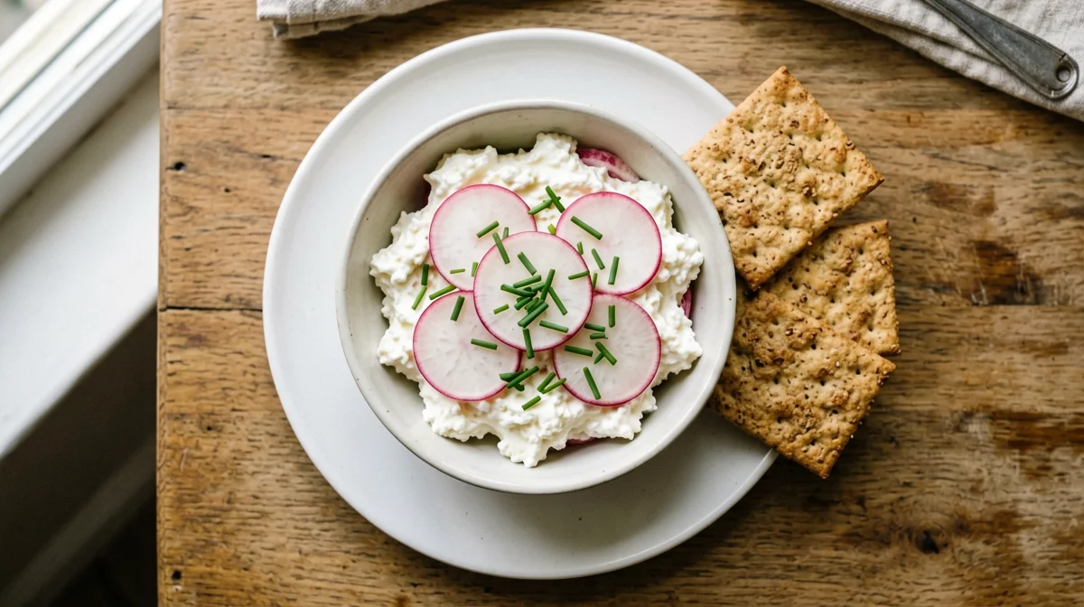 Fiocchi di latte con ravanelli ed erba cipollina e crackers