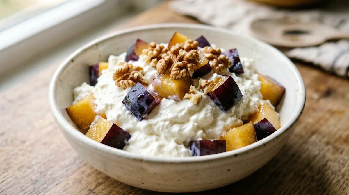 Cottage cheese with plums and walnuts