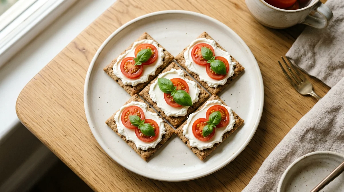 Wholegrain crackers with robiola and cherry tomatoes