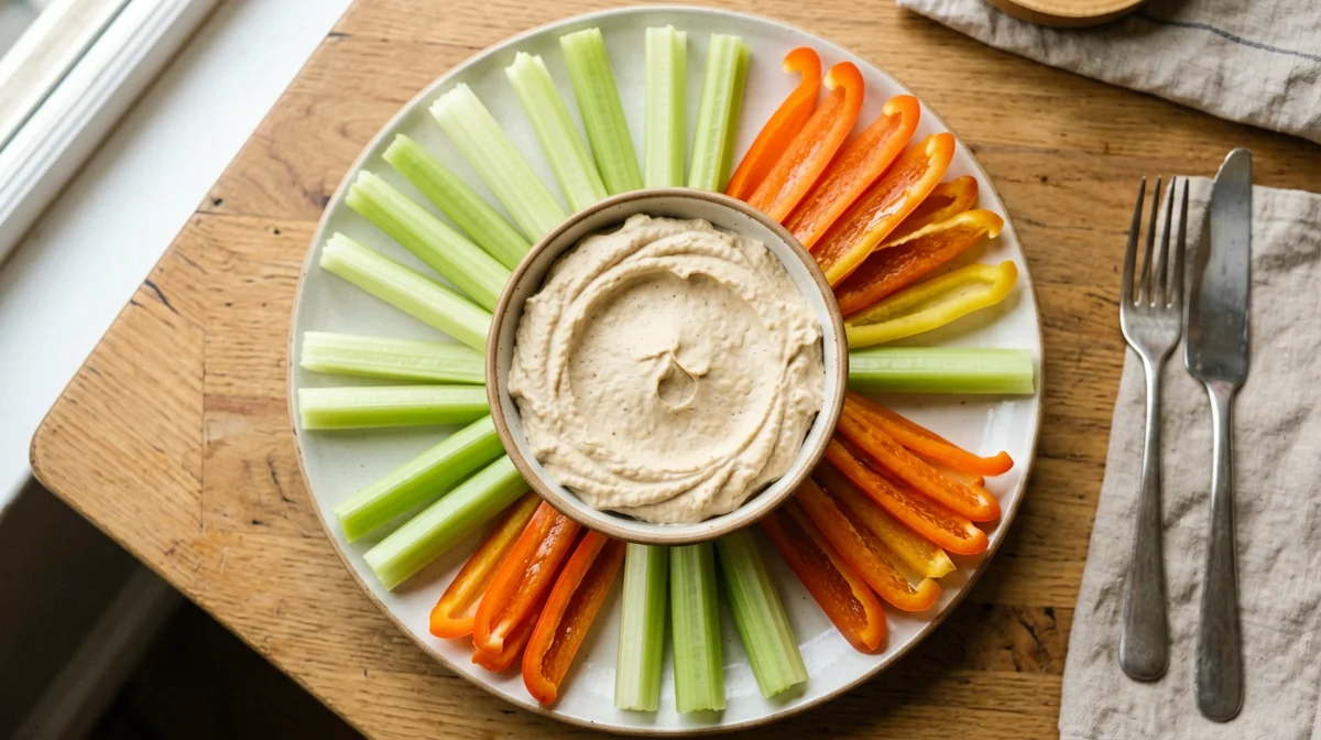 Celery and pepper sticks with hummus