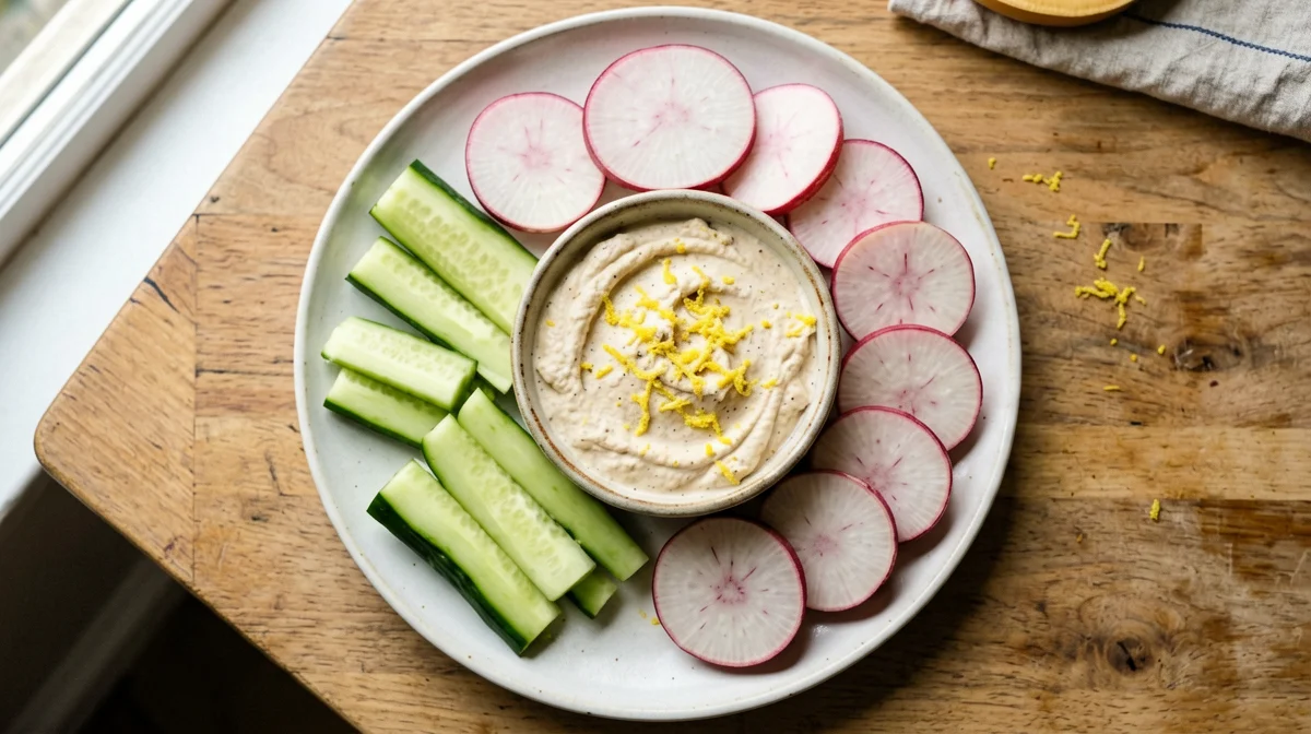 Cetriolo e ravanelli con hummus al limone