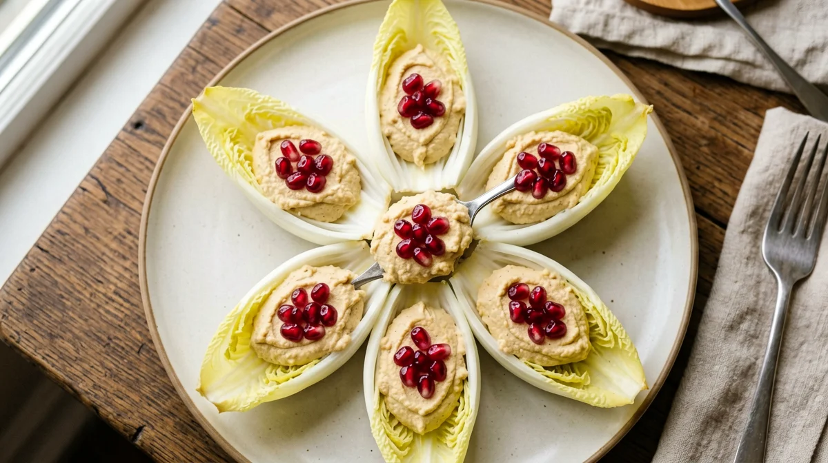 Indivia belga con hummus e melagrana