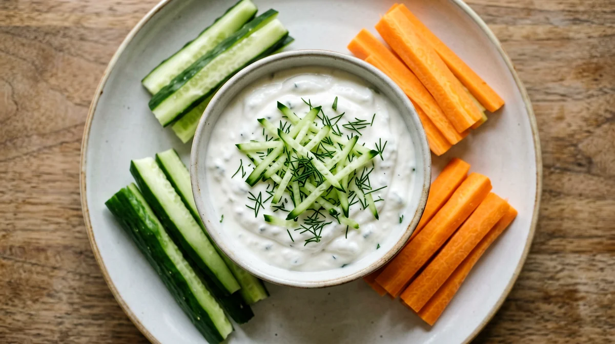 Tzatziki con bastoncini di cetriolo e carota