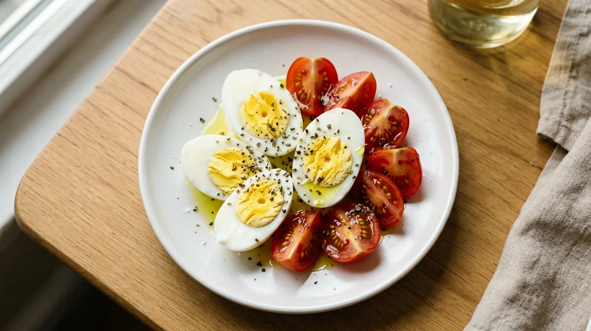 Hard-boiled egg with cherry tomatoes and oregano