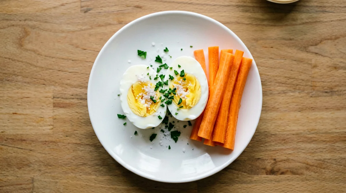 Hard-boiled egg and carrot sticks with herbs