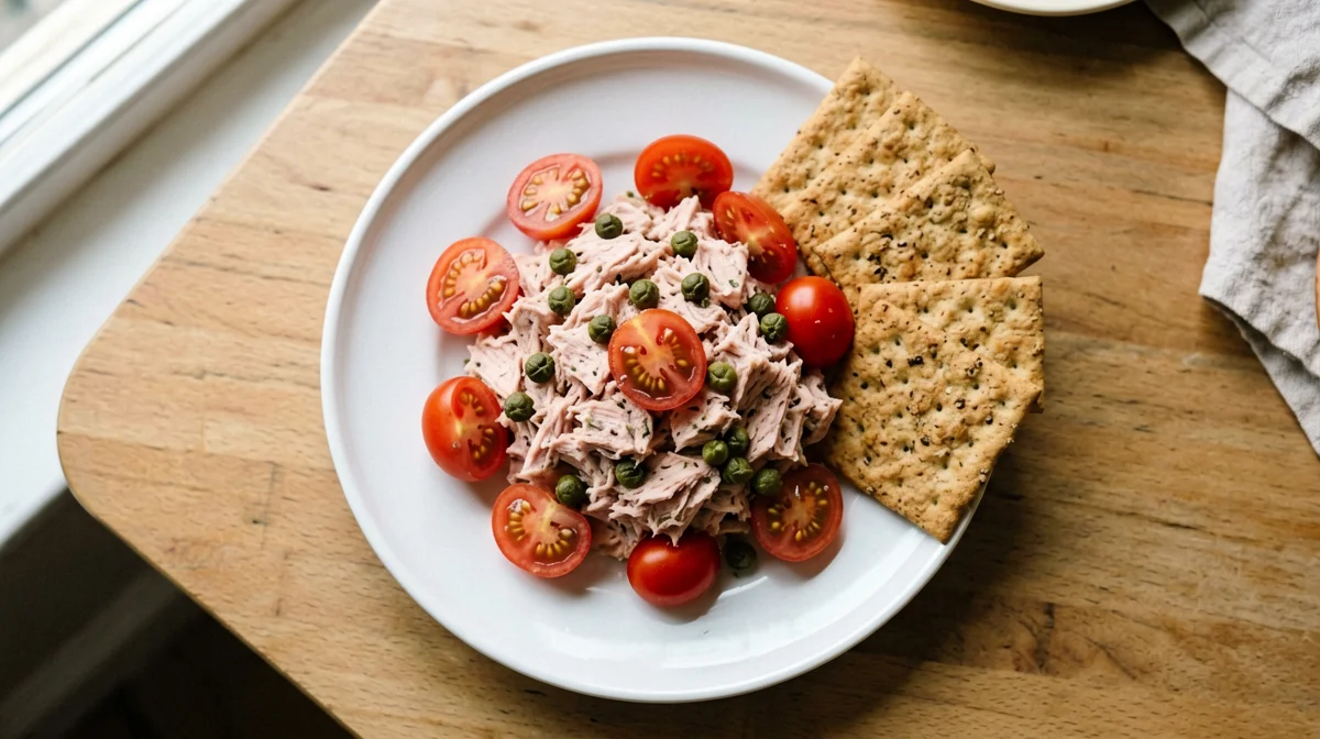 Tuna with cherry tomatoes, capers and crackers