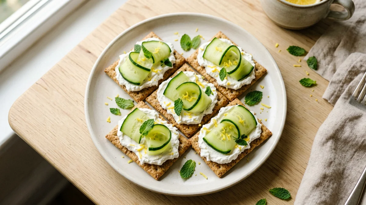 Wholegrain crackers with ricotta, raw courgette and mint