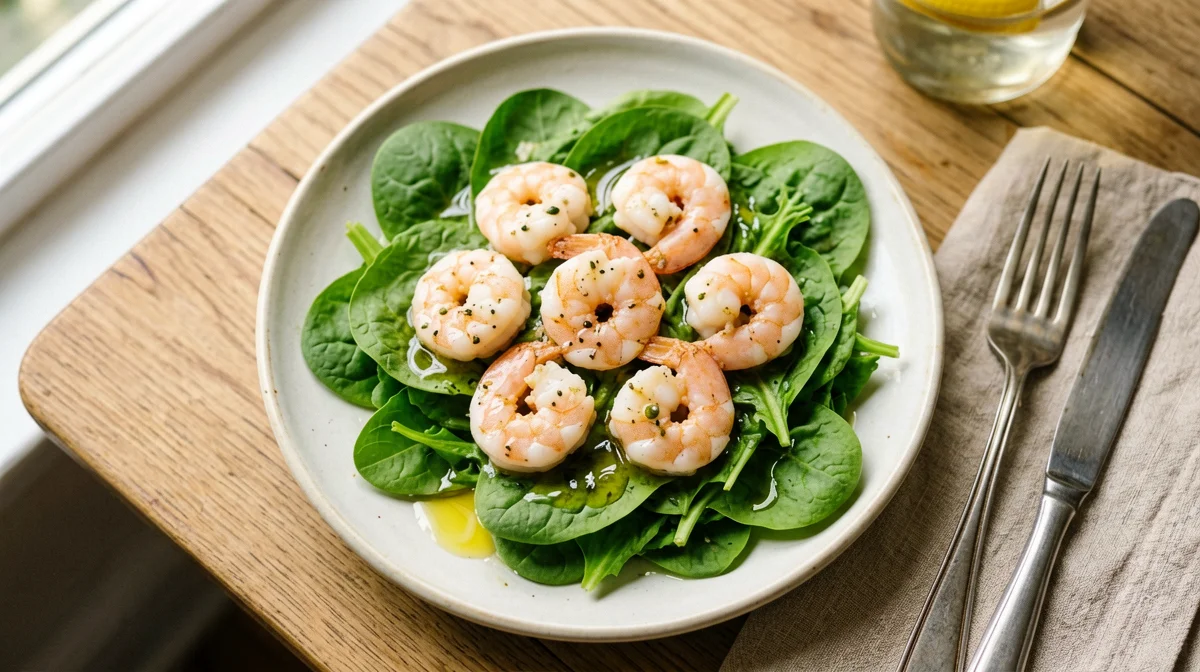 Poached shrimp with lemon and rocket