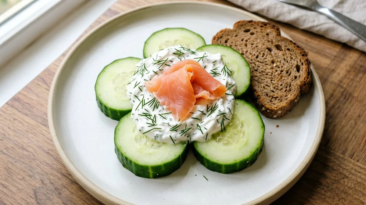 Rondelle di cetriolo con salmone affumicato e yogurt all'aneto